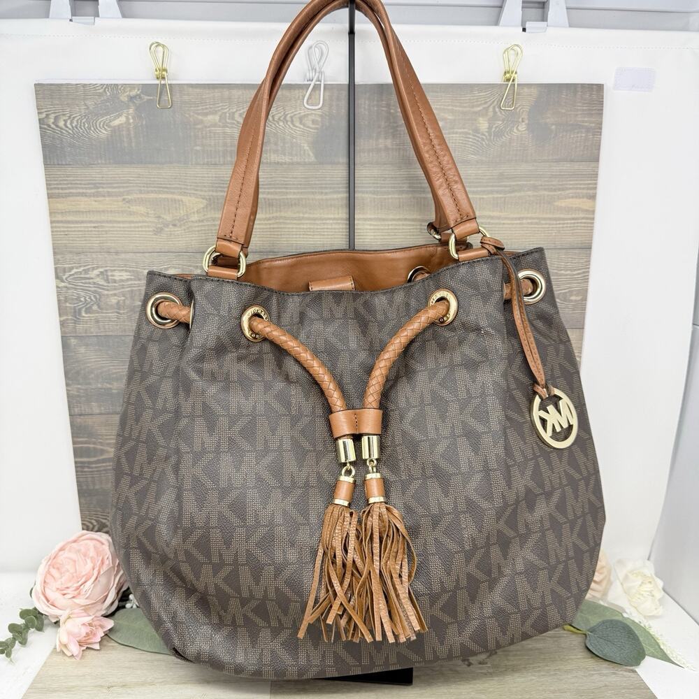 Michael Kors Brown Jet Set Marina Large Gathered Logo Tote Purse Shoulder Bag